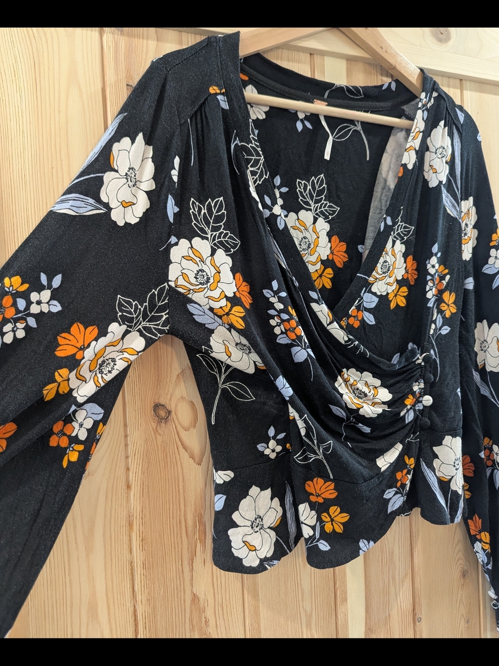 Free People Black Floral Wrap Top with Cream and Light Blue Accents - Picture 4 of 7